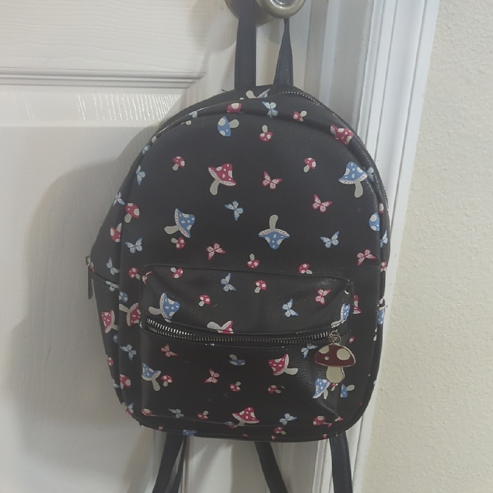 Black Backpack with Mushroom and Butterfly Print